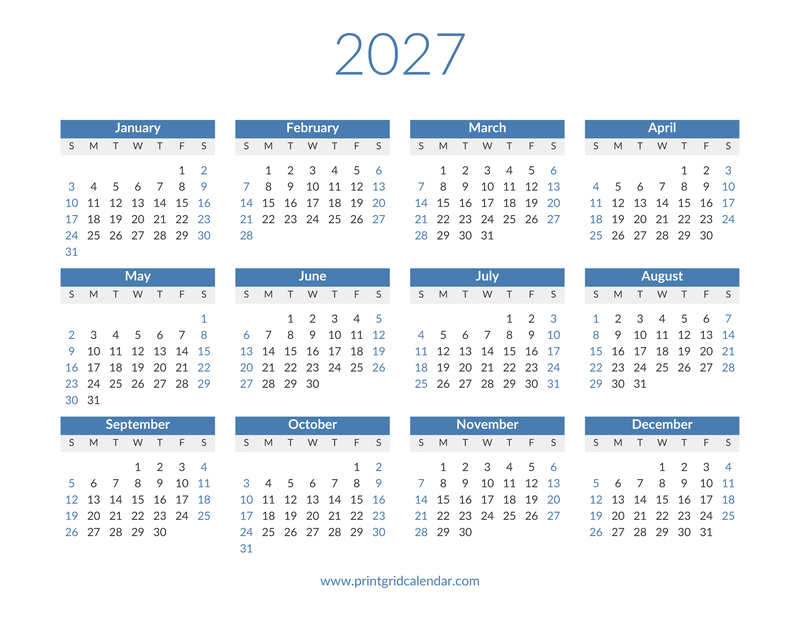 2027 Calendar — Blue Weekend Year — US Letter · Landscape · Sunday start