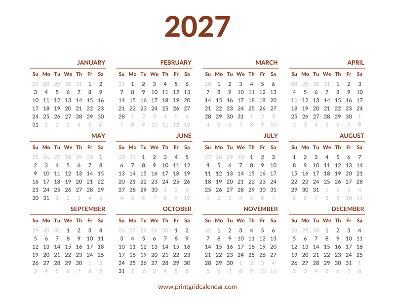 2027 Calendar — Warm Brown Year — US Letter · Landscape · Sunday start
