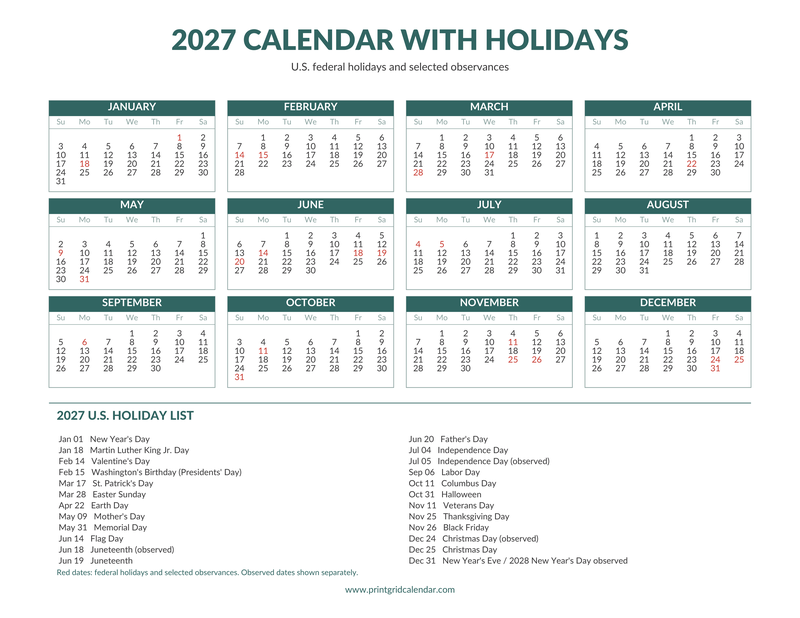 2027 Calendar — Year with US Holidays — US Letter · Landscape · Sunday start