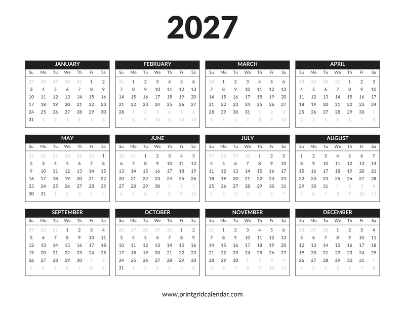 2027 Calendar — Black & White Year — US Letter · Landscape · Sunday start