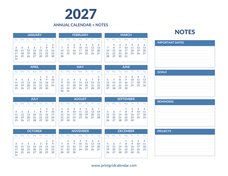 2027 Calendar — Year & Notes — US Letter · Landscape · Sunday start