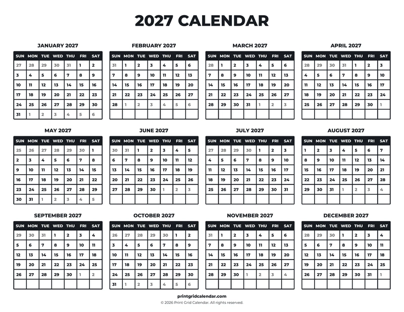 2027 Calendar — Bold essentials — US Letter · Landscape · Sunday start