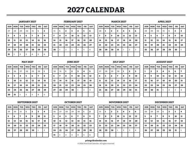 2027 Calendar — Bookish bold — US Letter · Landscape · Sunday start