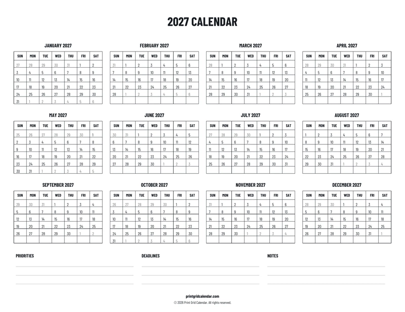 2027 Calendar — Plans below — US Letter · Landscape · Sunday start