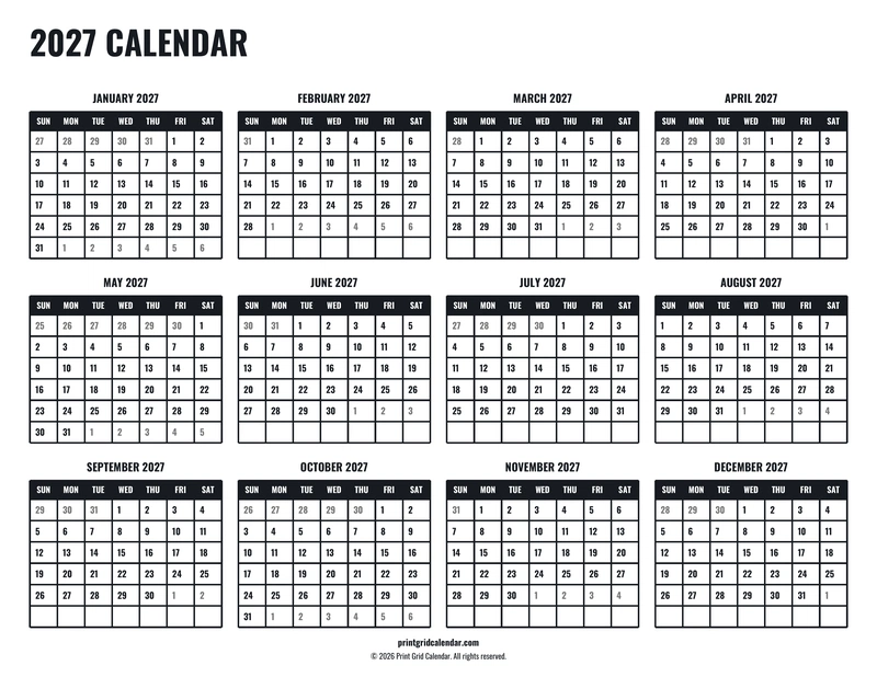 2027 Calendar — Tall workspace — US Letter · Landscape · Sunday start
