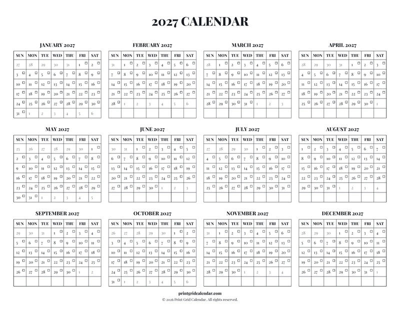 2027 Calendar — Editorial checklist — US Letter · Landscape · Sunday start