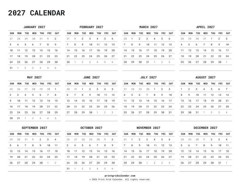 2027 Calendar — Quiet minimal — US Letter · Landscape · Sunday start