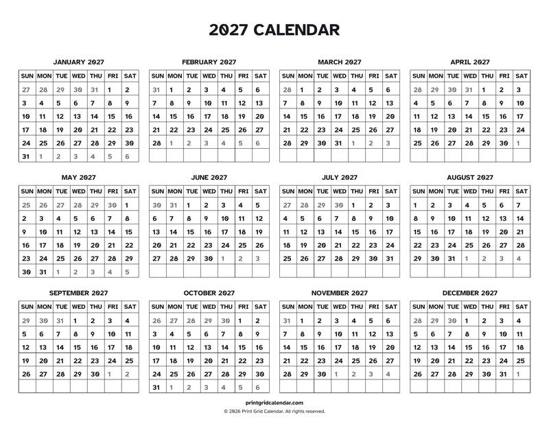 2027 Calendar — Easy read — US Letter · Landscape · Sunday start
