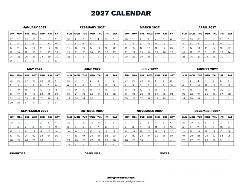 2027 Calendar — Desk notes — US Letter · Landscape · Sunday start