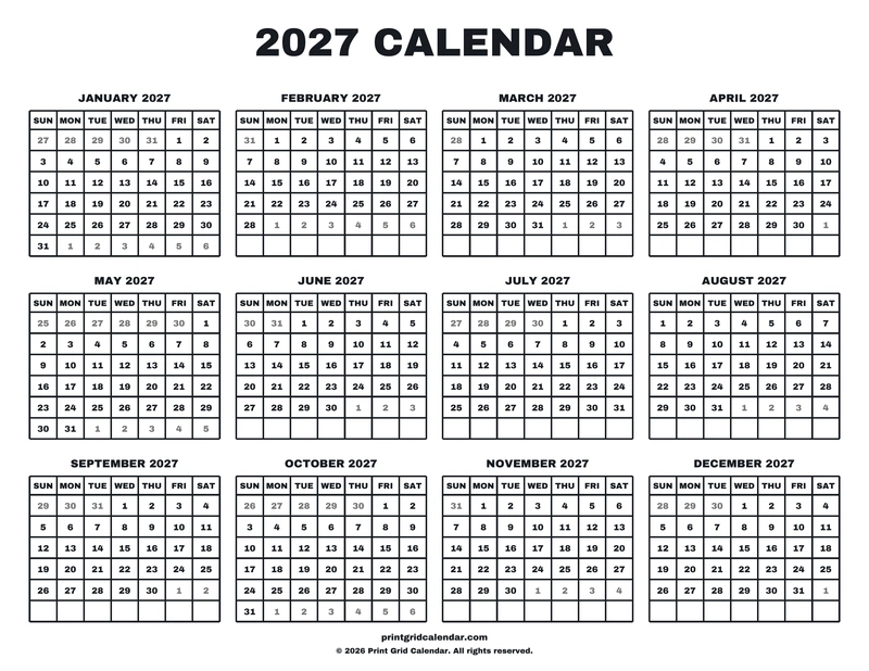 2027 Calendar — Big statement — US Letter · Landscape · Sunday start