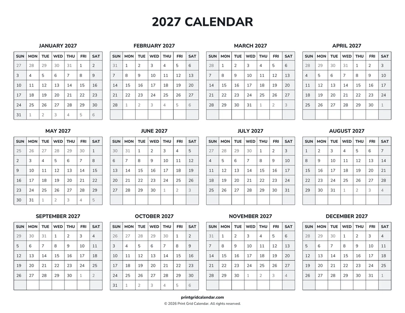 2027 Calendar — Weekend rhythm — US Letter · Landscape · Sunday start