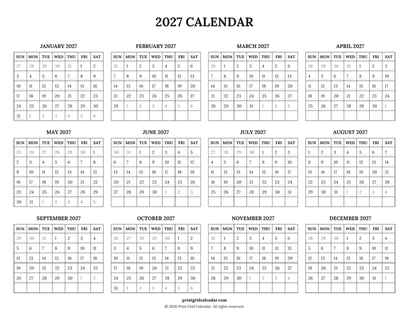 2027 Calendar — Ruled journal — US Letter · Landscape · Sunday start
