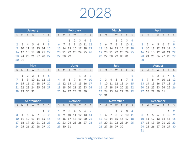2028 Calendar — Blue Weekend Year — US Letter · Landscape · Sunday start