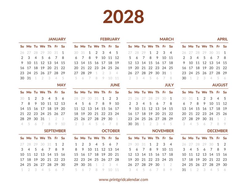 2028 Calendar — Warm Brown Year — US Letter · Landscape · Sunday start