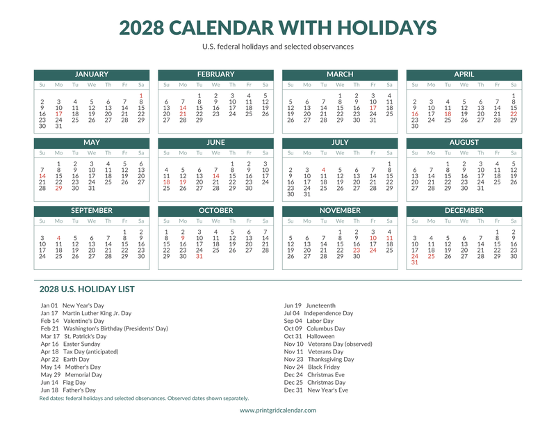 2028 Calendar — Year with US Holidays — US Letter · Landscape · Sunday start