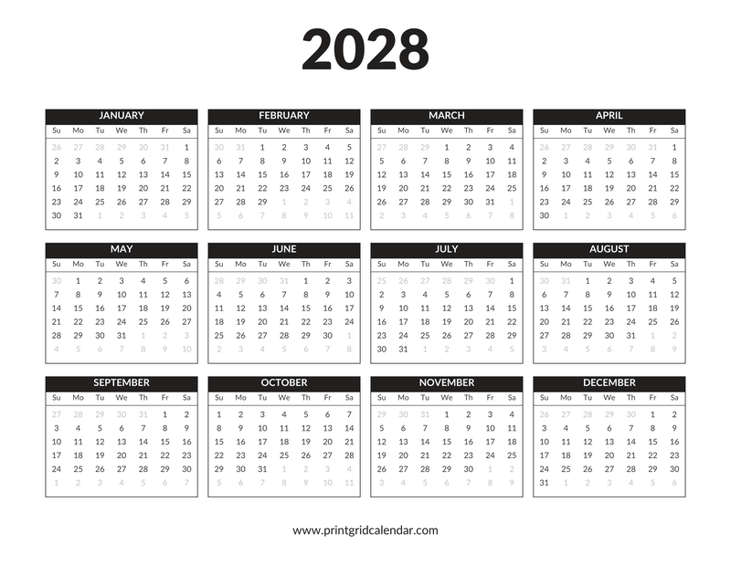 2028 Calendar — Black & White Year — US Letter · Landscape · Sunday start
