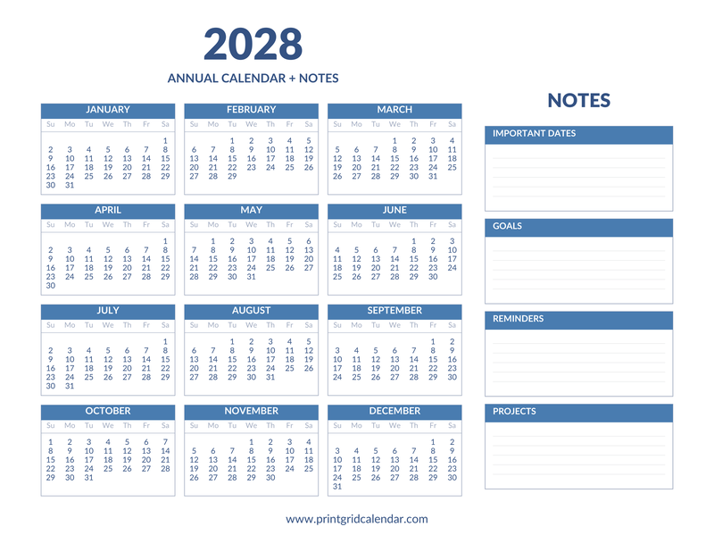 2028 Calendar — Year & Notes — US Letter · Landscape · Sunday start