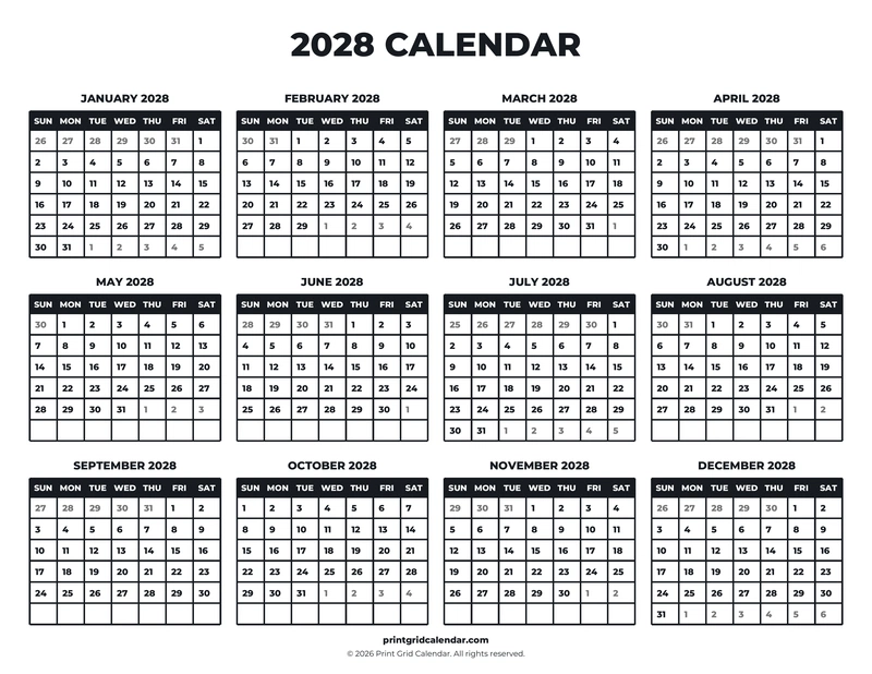 2028 Calendar — Bold essentials — US Letter · Landscape · Sunday start
