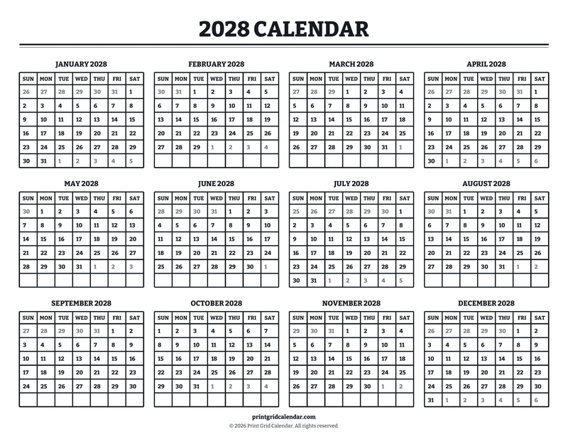 2028 Calendar — Bookish bold — US Letter · Landscape · Sunday start