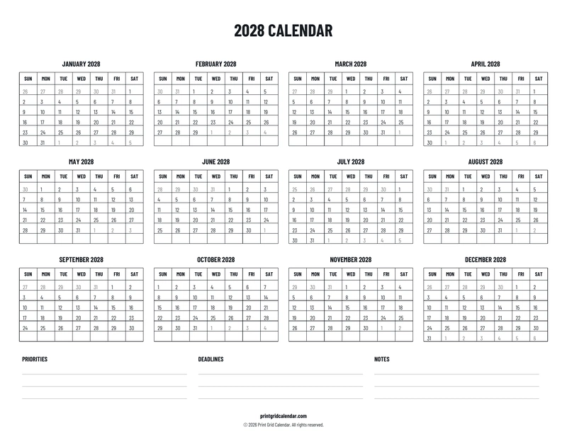 2028 Calendar — Plans below — US Letter · Landscape · Sunday start