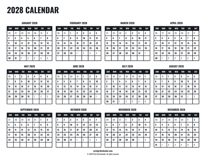 2028 Calendar — Tall workspace — US Letter · Landscape · Sunday start