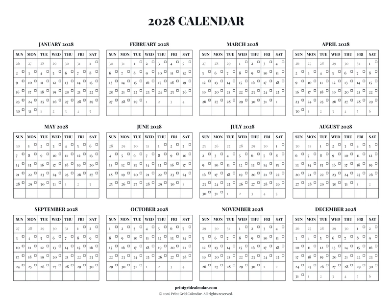 2028 Calendar — Editorial checklist — US Letter · Landscape · Sunday start