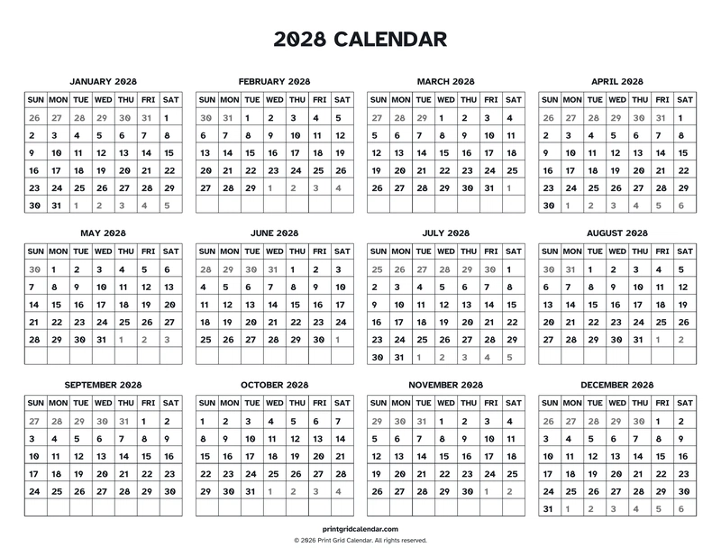 2028 Calendar — Easy read — US Letter · Landscape · Sunday start