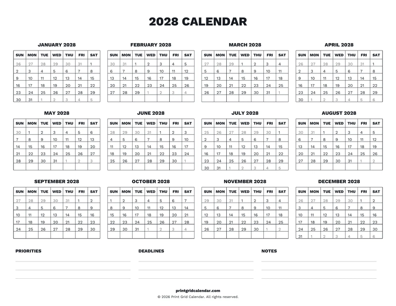 2028 Calendar — Desk notes — US Letter · Landscape · Sunday start