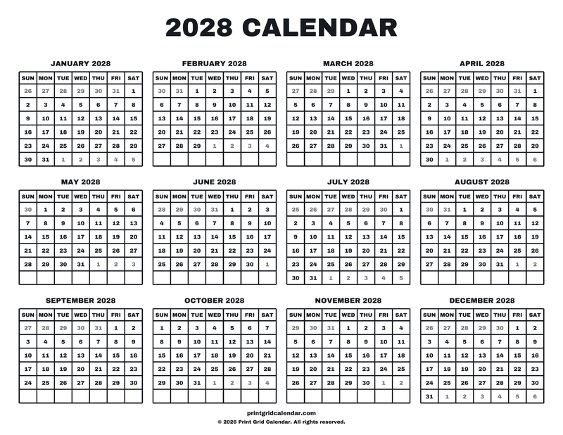 2028 Calendar — Big statement — US Letter · Landscape · Sunday start