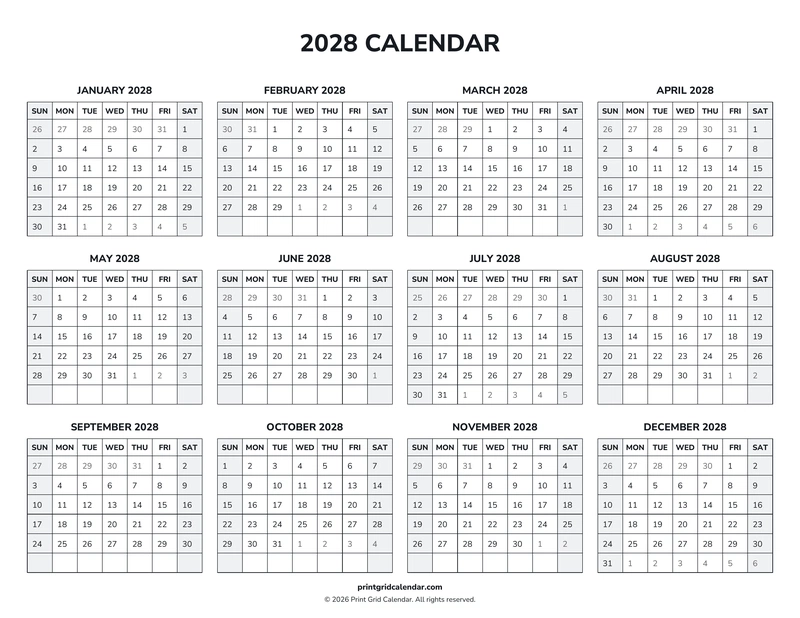 2028 Calendar — Weekend rhythm — US Letter · Landscape · Sunday start