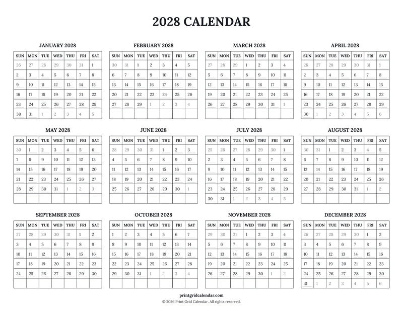 2028 Calendar — Ruled journal — US Letter · Landscape · Sunday start