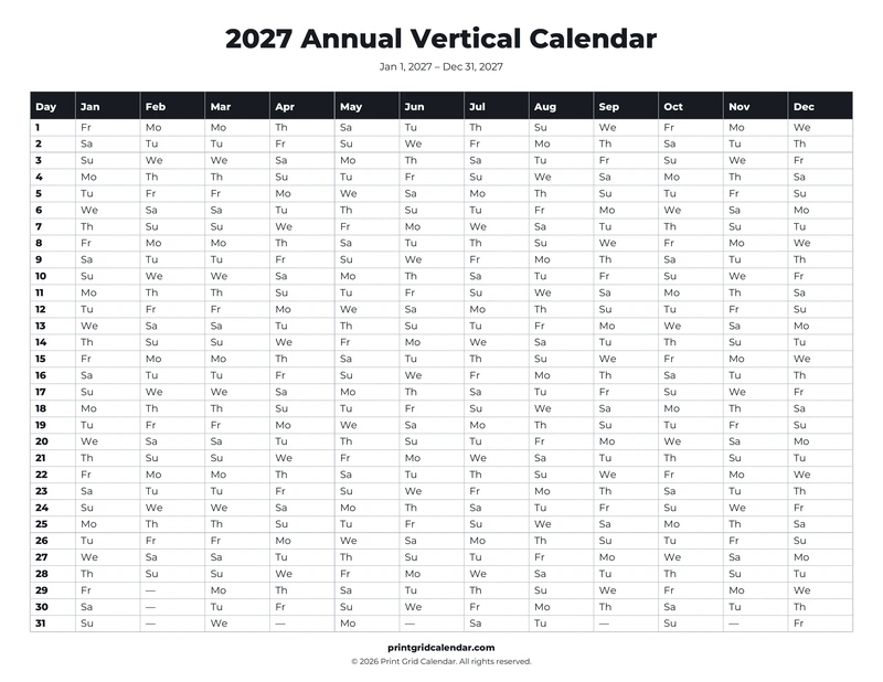Annual Vertical Calendar — Bold essentials — US Letter · Landscape · Monday start