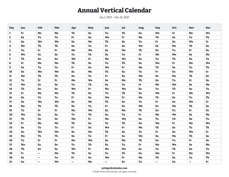 Annual Vertical Calendar — Bookish bold — US Letter · Landscape · Monday start