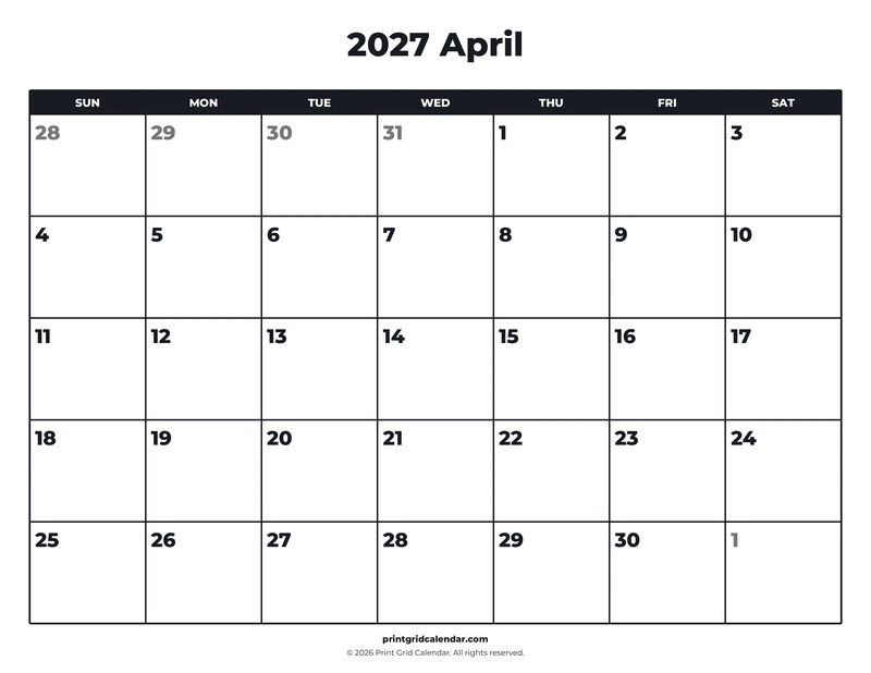 April 2027 Calendar — Bold essentials — US Letter · Landscape · Sunday start