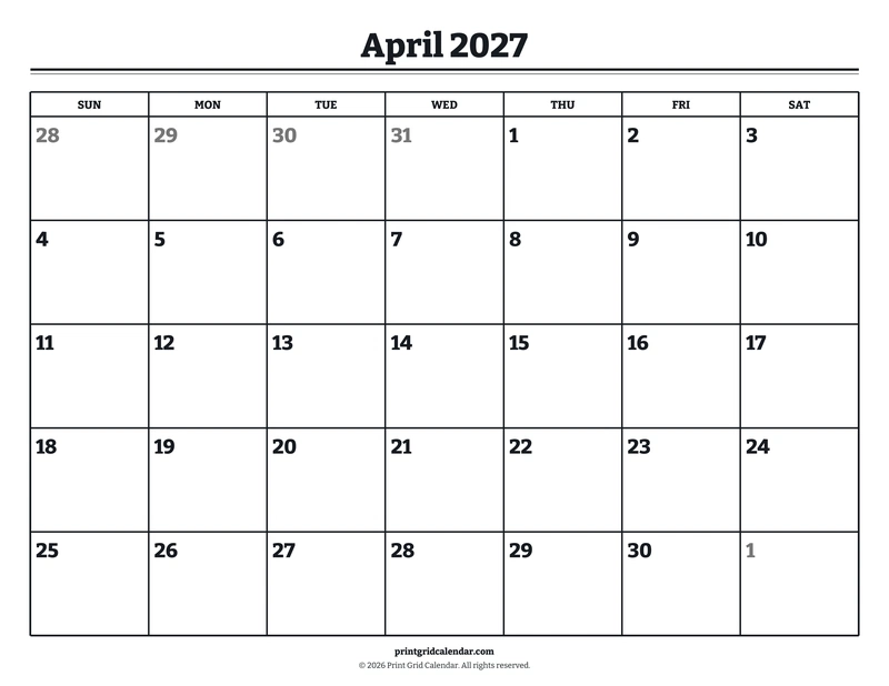 April 2027 Calendar — Bookish bold — US Letter · Landscape · Sunday start