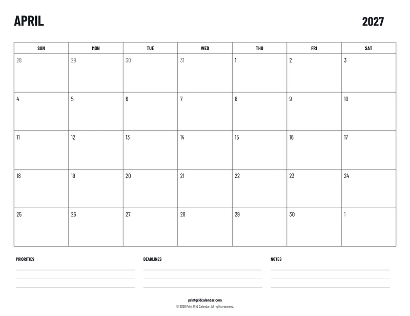 April 2027 Calendar — Plans below — US Letter · Landscape · Sunday start