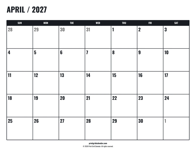 April 2027 Calendar — Tall workspace — US Letter · Landscape · Sunday start