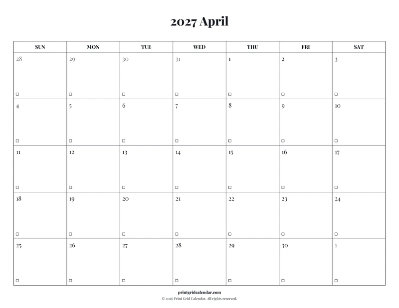 April 2027 Calendar — Editorial checklist — US Letter · Landscape · Sunday start