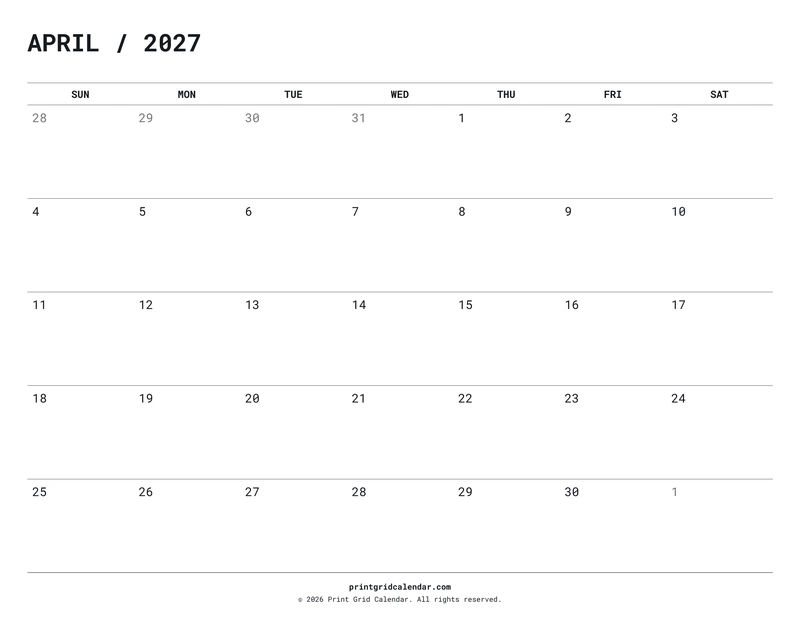 April 2027 Calendar — Quiet minimal — US Letter · Landscape · Sunday start