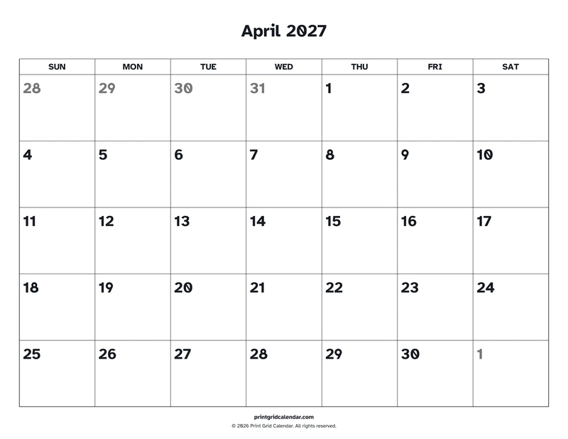 April 2027 Calendar — Easy read — US Letter · Landscape · Sunday start