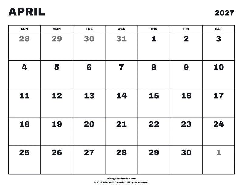 April 2027 Calendar — Big statement — US Letter · Landscape · Sunday start