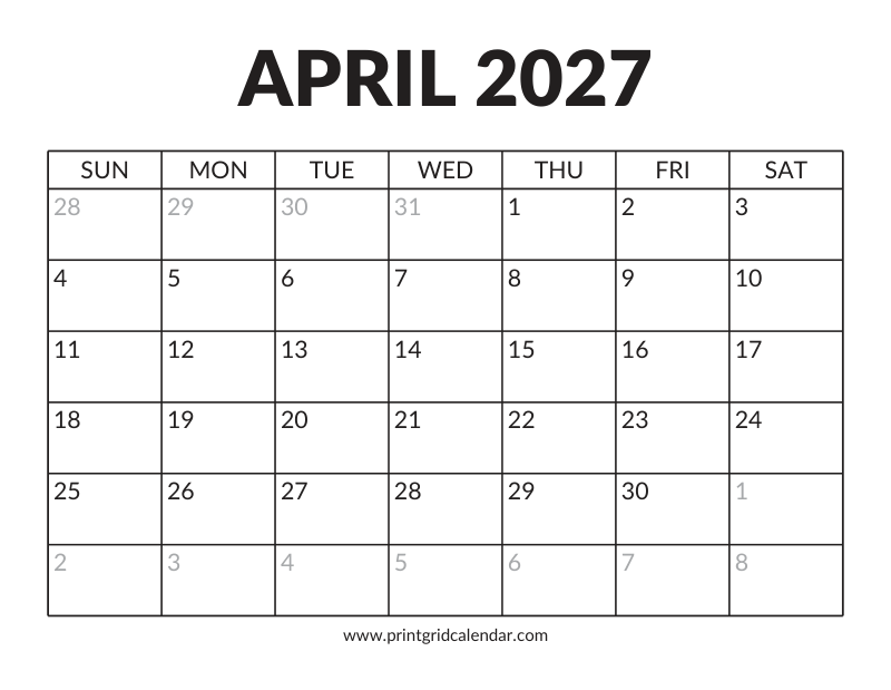 April 2027 Calendar — Bold Display — US Letter · Landscape · Sunday start