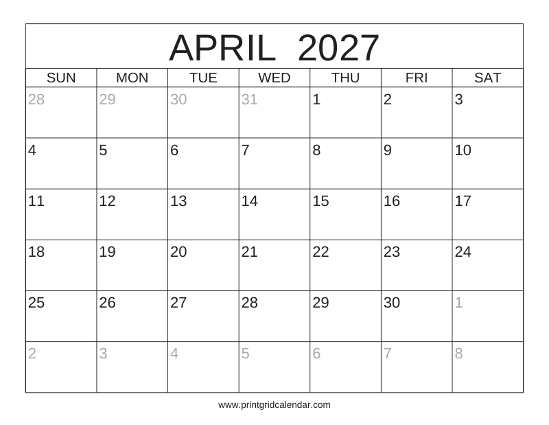 April 2027 Calendar — Classic Frame — US Letter · Landscape · Sunday start
