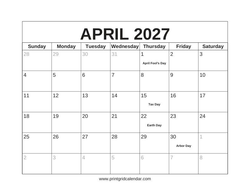 April 2027 Calendar — US Holidays & Observances — US Letter · Landscape · Sunday start