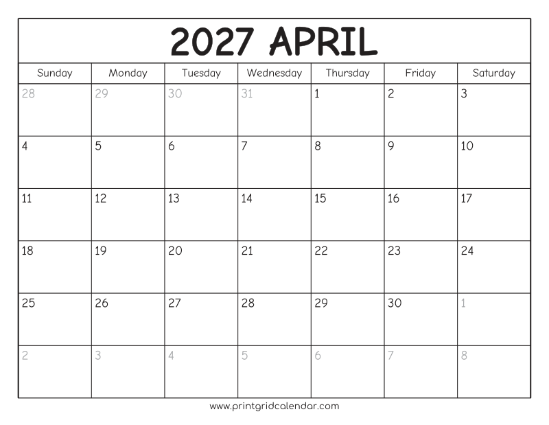 April 2027 Calendar — Rounded Outline — US Letter · Landscape · Sunday start