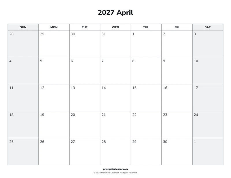 April 2027 Calendar — Weekend rhythm — US Letter · Landscape · Sunday start