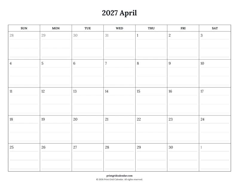 April 2027 Calendar — Ruled journal — US Letter · Landscape · Sunday start
