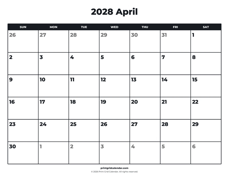 April 2028 Calendar — Bold essentials — US Letter · Landscape · Sunday start