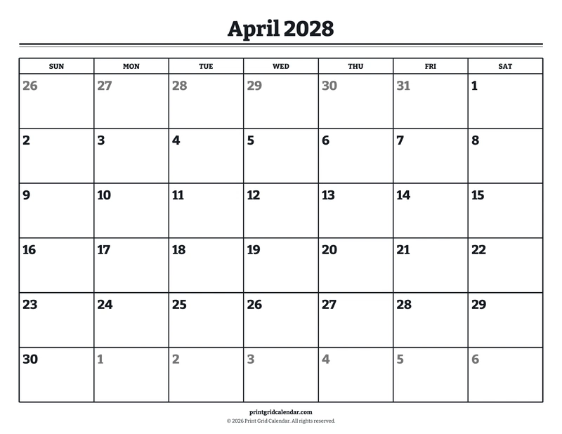 April 2028 Calendar — Bookish bold — US Letter · Landscape · Sunday start