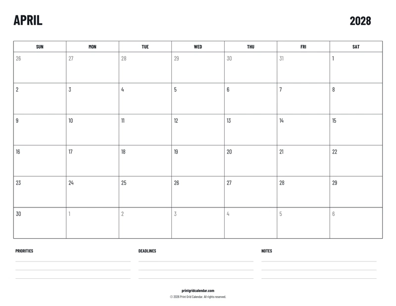 April 2028 Calendar — Plans below — US Letter · Landscape · Sunday start